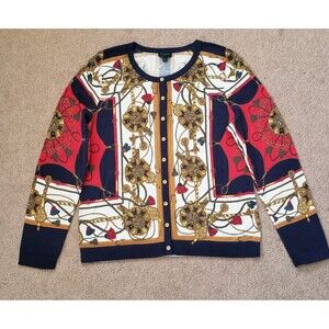 Talbots Charming Status Print Cardigan Sweater Elegant Baroque Chain Rope Size L